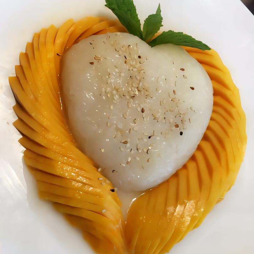 Heart-shaped sticky rice with mango slices and mint, a Thai dessert from Bangkok Corner.